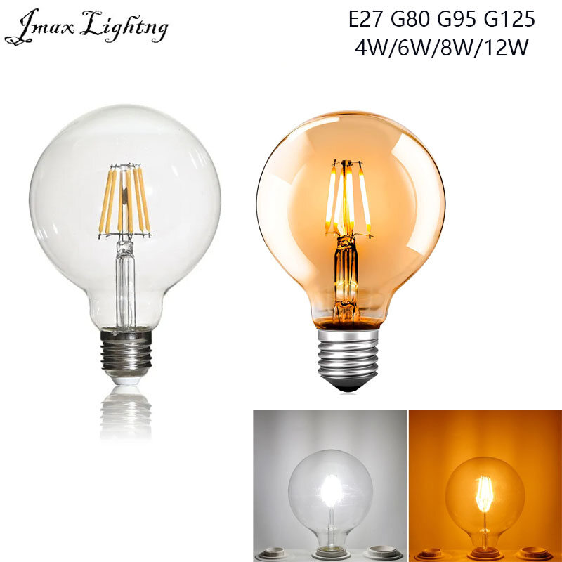 Jmax led edison filament bulb g80 g95 g125 big round light bulb 4w 6w 8w 12w filament bulb e27 clear glass indoor lamp ac220v