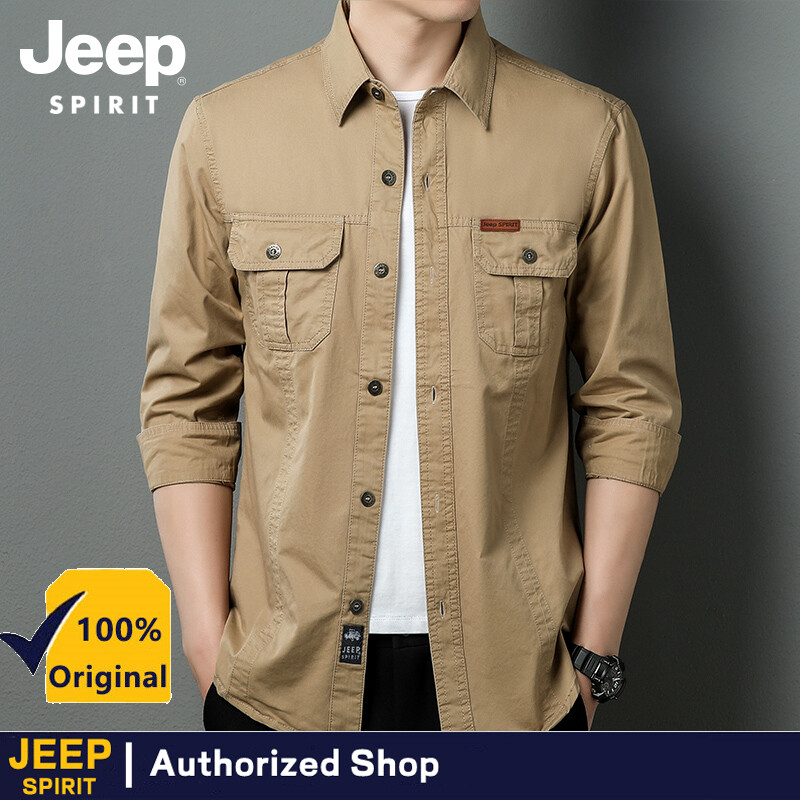 Jeep Spirit Men's Loose Long Sleeve Shirt Men's Washed Cotton Multi-bag Tooling Business Casual Shirt