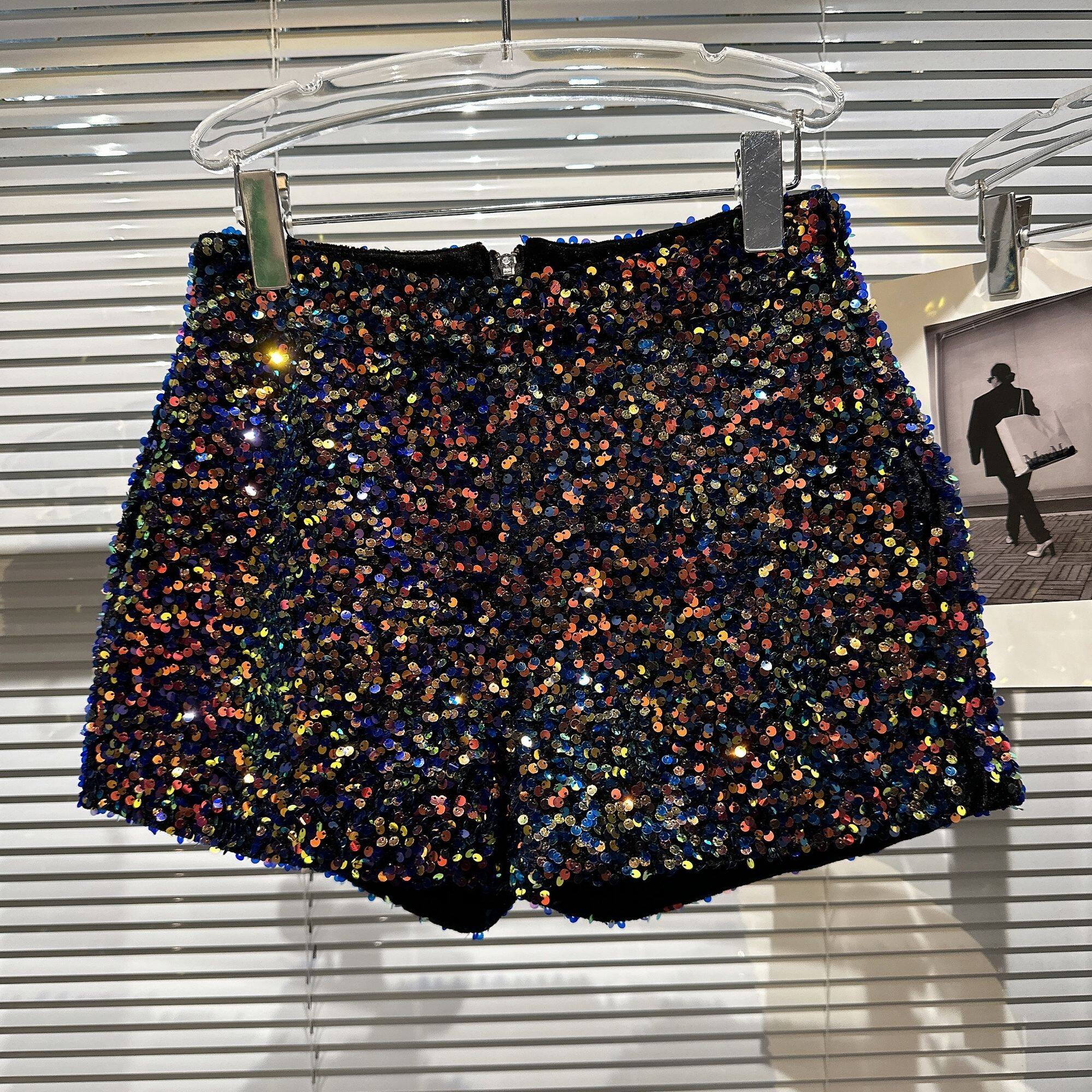 Prepomp 2023 spring new collection zipper bright sequins slim shorts women gh430