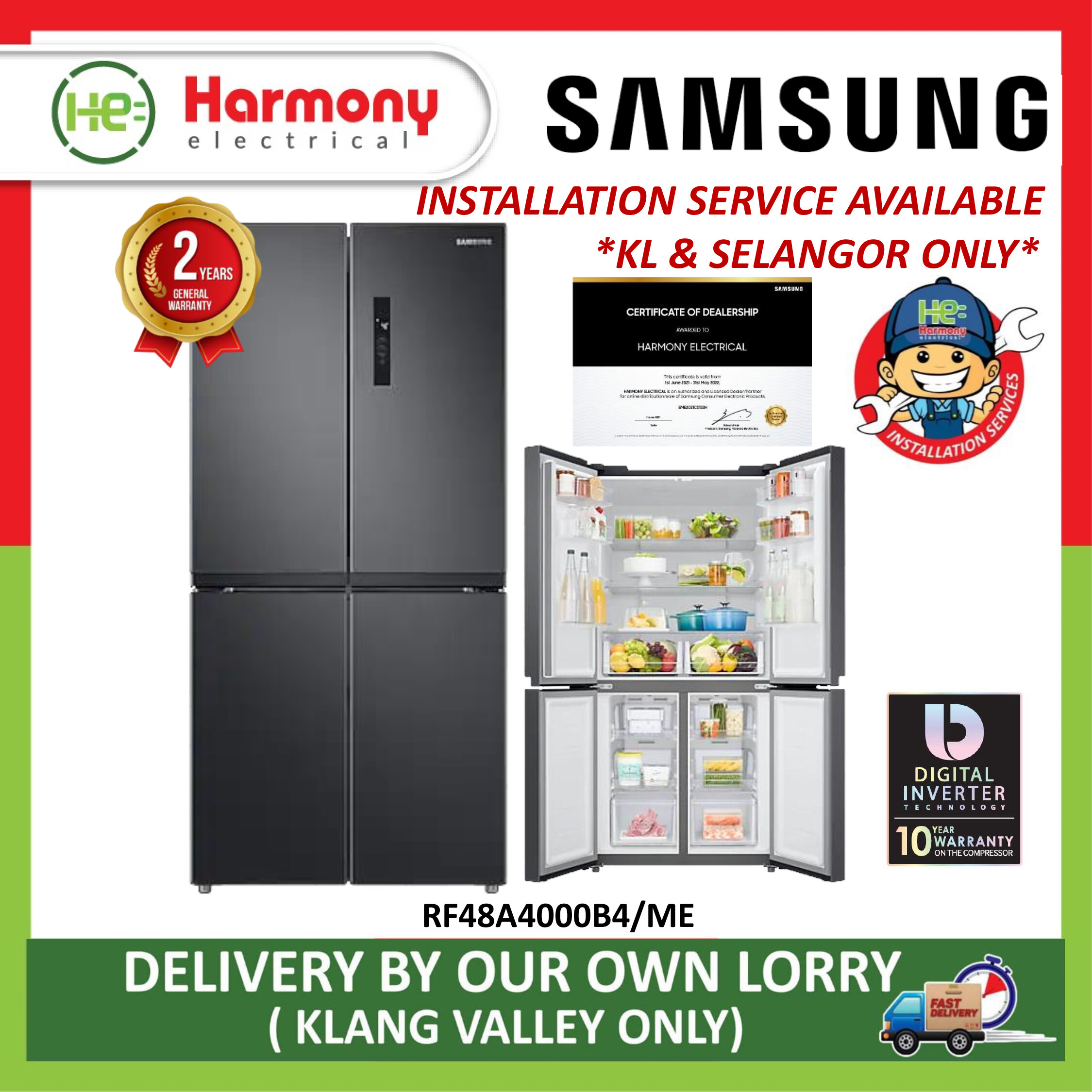 SAMSUNG RF48A4000B4/ME 4 Doors Inverter Fridge 511L Refrigerator ( Peti