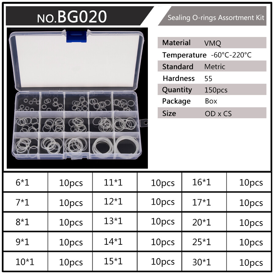 150pcs 15 Sizes 1mm Thickness Diameter 6-30mm Durable White Silicone Orings Sealing Gasket VMQ Rubber Case BG020