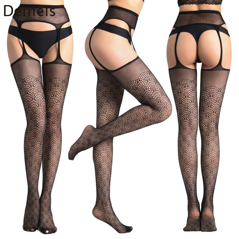【Clearance Sale】DeMeis Women Black Lace Fishnet Stockings Open Crotch Tights Lace Sexy Hosiery Thigh High Stockings
