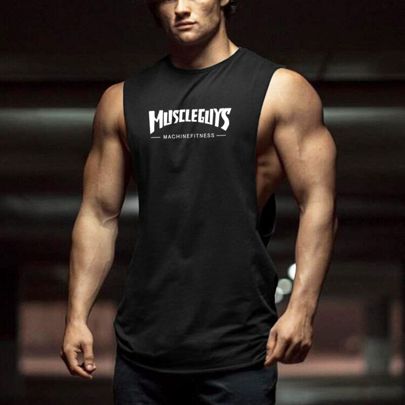 New Brand Drop Armhole Tank Top Men Bodybuilding and Fitness Sleeveless T-Shirt Solid Color Cotton Side Cut Off Gym Clothing