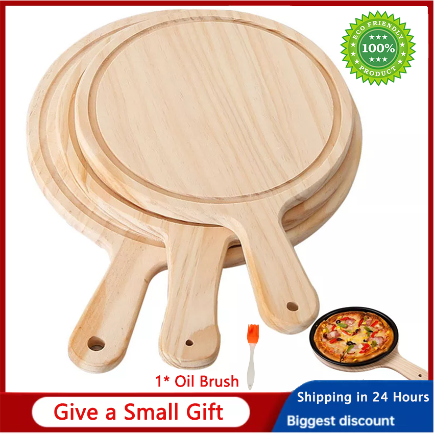 【Ready Stock+100% Original】Wooden Pizza board Round with Hand Pizza Baking Tray Pizza Stone Cutting Board Platter Pizza Cake Bakeware Tools