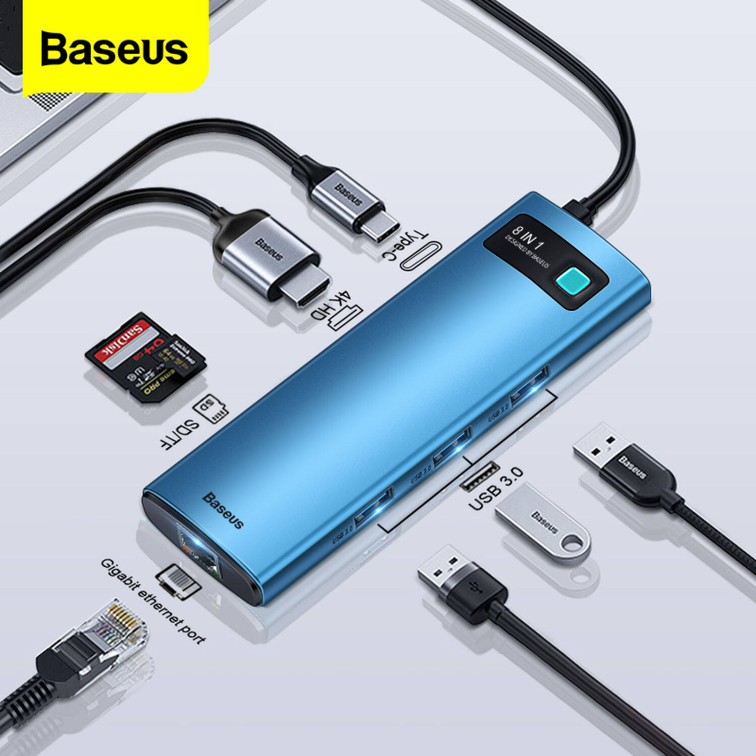 Baseus Đầu Chia USB C Bộ Chuyển Đổi USB 8 Trong 1 Sang Type C Đầu Đọc Thẻ