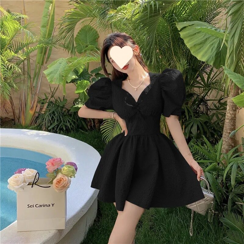 DUOHANZI Đầm Nữ Kiểu Pháp mới Đầm Cổ Thắt Eo Cổ Chữ V
