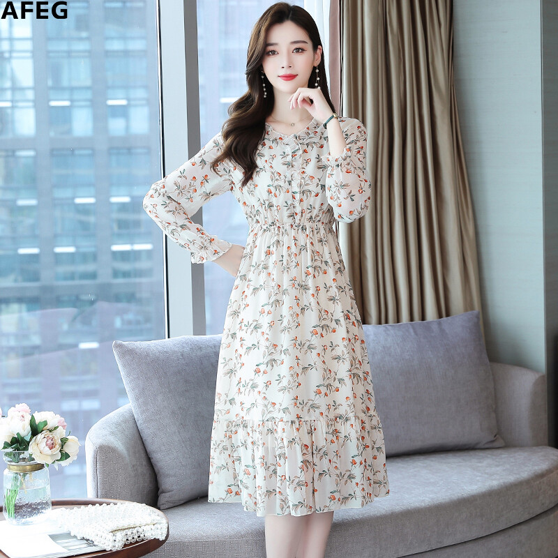 AFEG new Korean version of V-neck fashion waist waist wild floral chiffon long sleeve mid-length dress for women