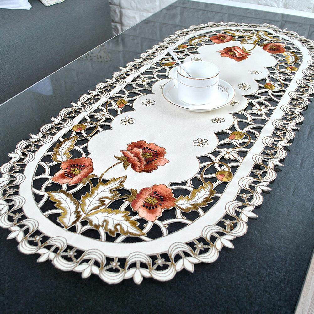 LS [ready stock&Free Ship] 40*85cm Vintage Embroidered Fabric Oval Tablecloth For Wedding Party Event Banquet Home Decoration Supply Table Cover