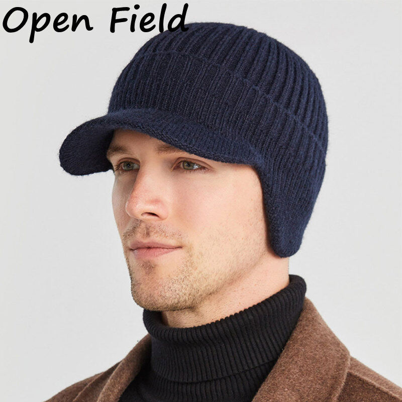 Field Men Winter Knitted Hat Outdoor Warm Thickened Windproof Ear Protection Cap Short Brim Solid Color Hat