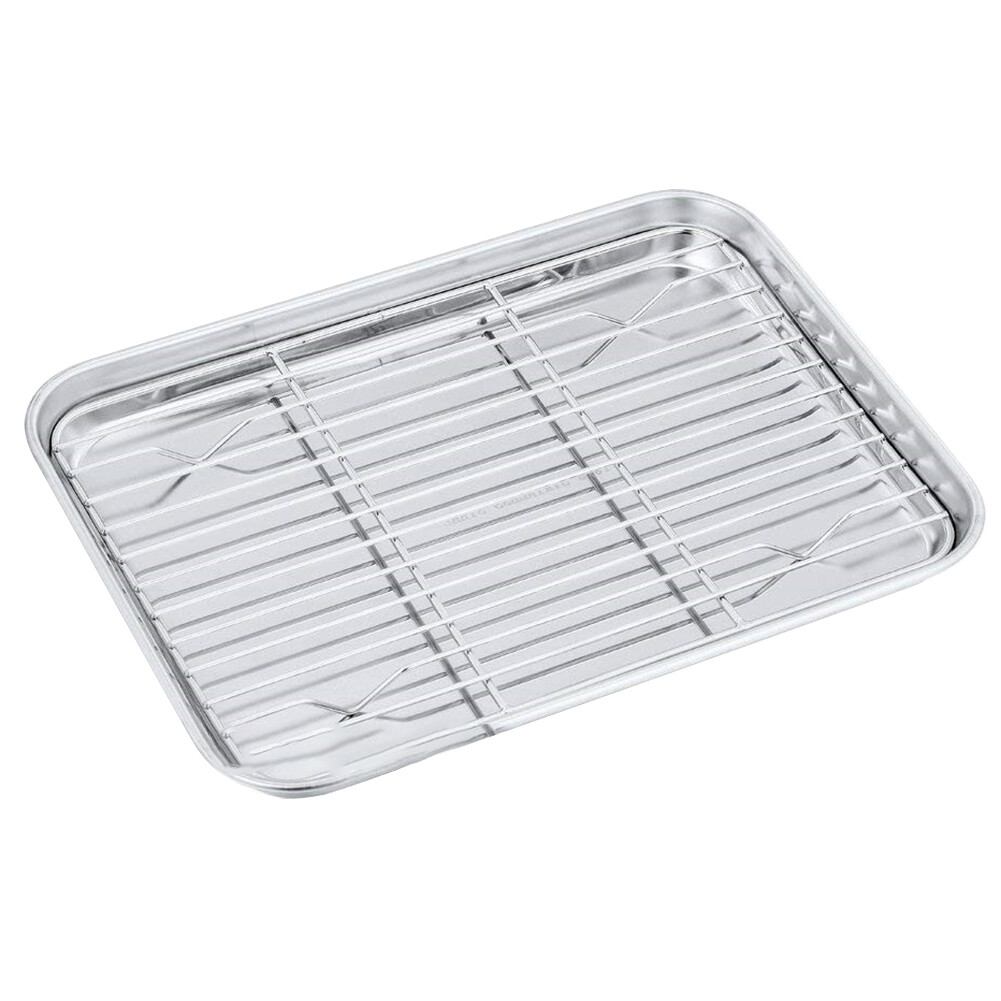 JAREDQ Stainless Steel Rectangular Shape Grill Cookie Baking Bread Cakes Oven Pan Non-stick Tray Plate Oil Control Tray With Grid Rack Kitchen Gadget