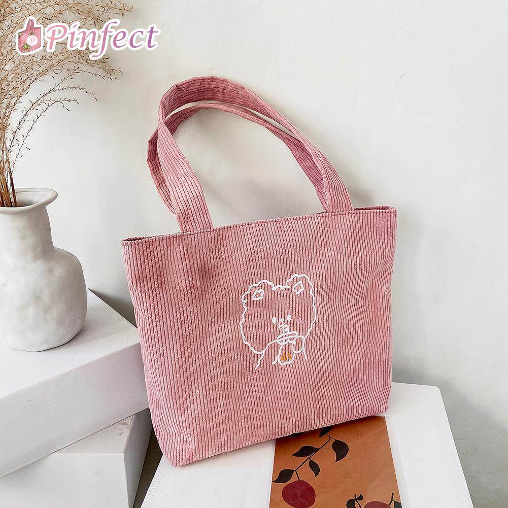[Pinfect] Fashion Retro Corduroy Cartoon Bear Shoulder Bag Women Large Capacity Casual Reusable Shopping Totes Handbags