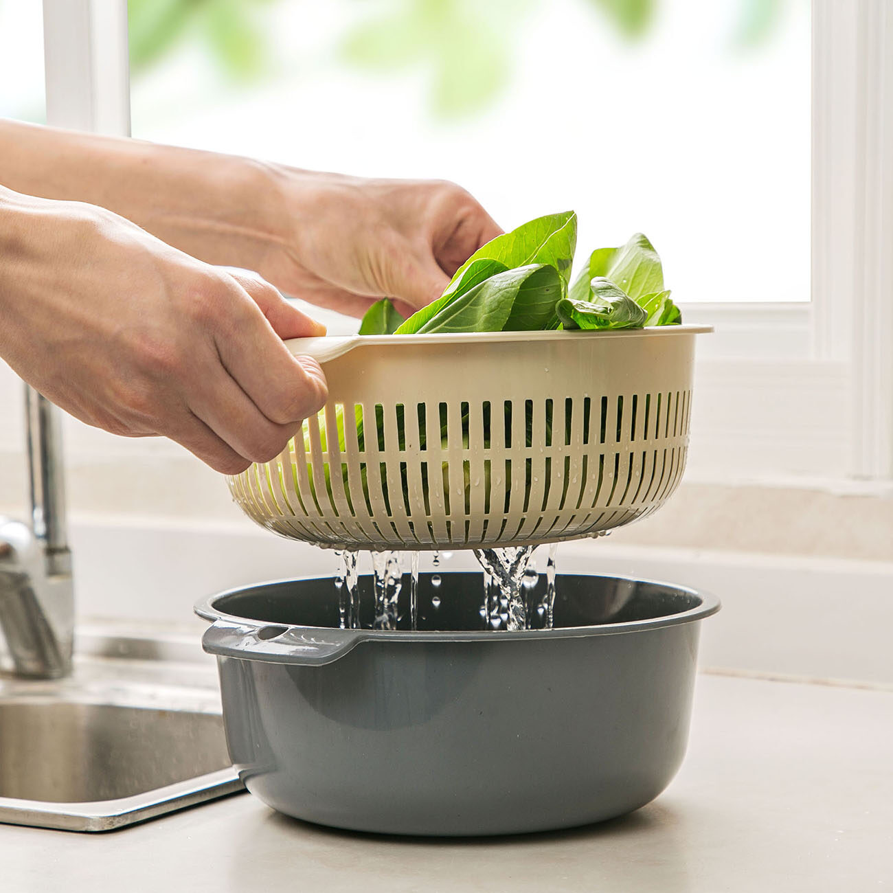 Homenhome Giỏ Trái Cây Rỗng Hai Lớp Giỏ Thoát Nước Bồn Rửa Nhà Bếp