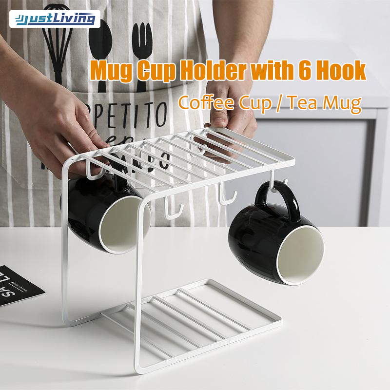 JustLiving Coffee Tea Mug Cup Holder Mug Rack Drying Cup Holder with 6 Hook, Kitchen Organizers Glass Cup Holder Portable Tray Cup Holder