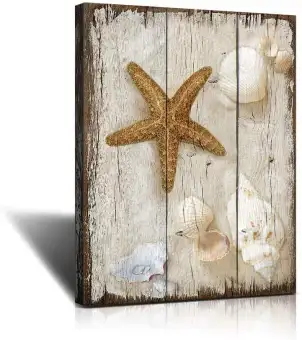 Bathroom Decor Sea Shells Vintage Beach Scene With Sea Life On The Sand Canvas Art Wall