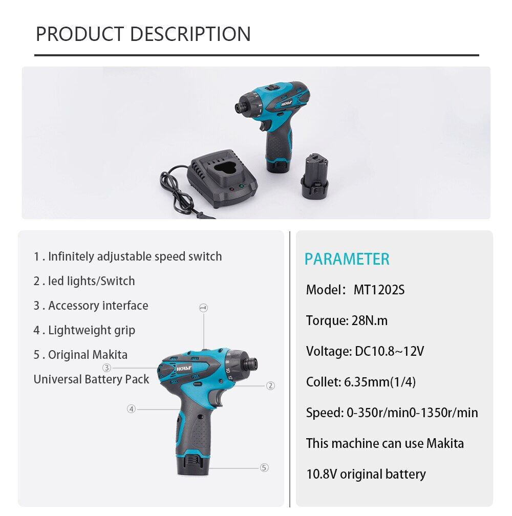 Máy Khoan Điện Không Dây 12V Máy Khoan Búa Điện Tốc Độ Kép Máy Khoan Cầm Tay Dùng Pin Lithium Cho Pin Makita