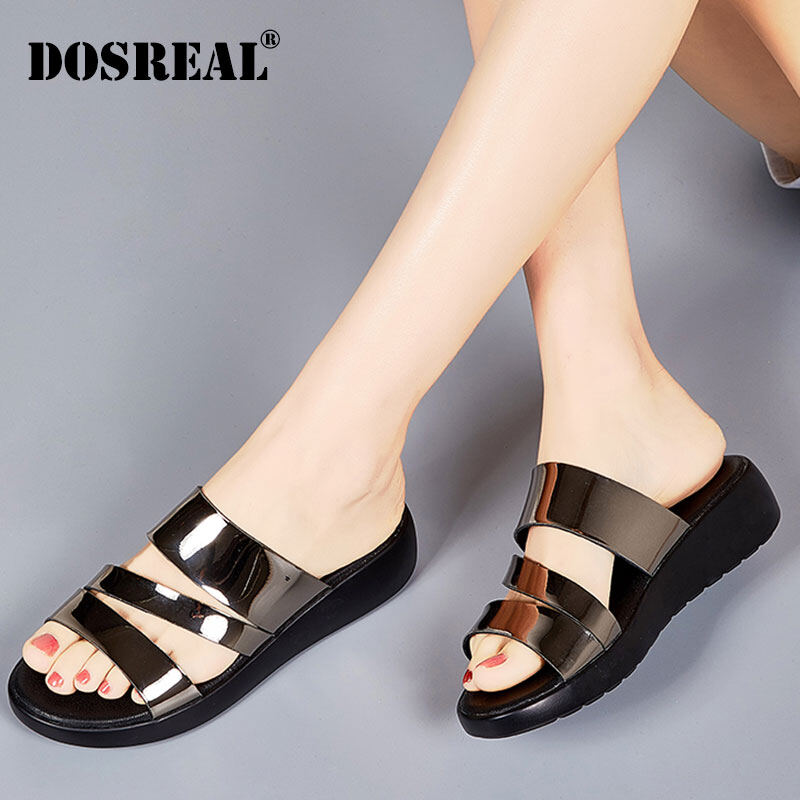 DOSREAL Summer Sandals For Women Leather Platform Beach Slippers Fashion Black Wedge Shoes For Women Slides