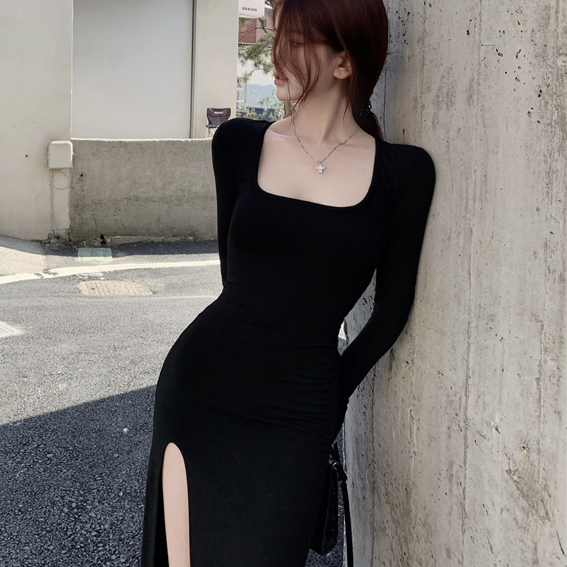 Màu đen thuần vuông cổ Đầm xẻ mỏng dài tay áo