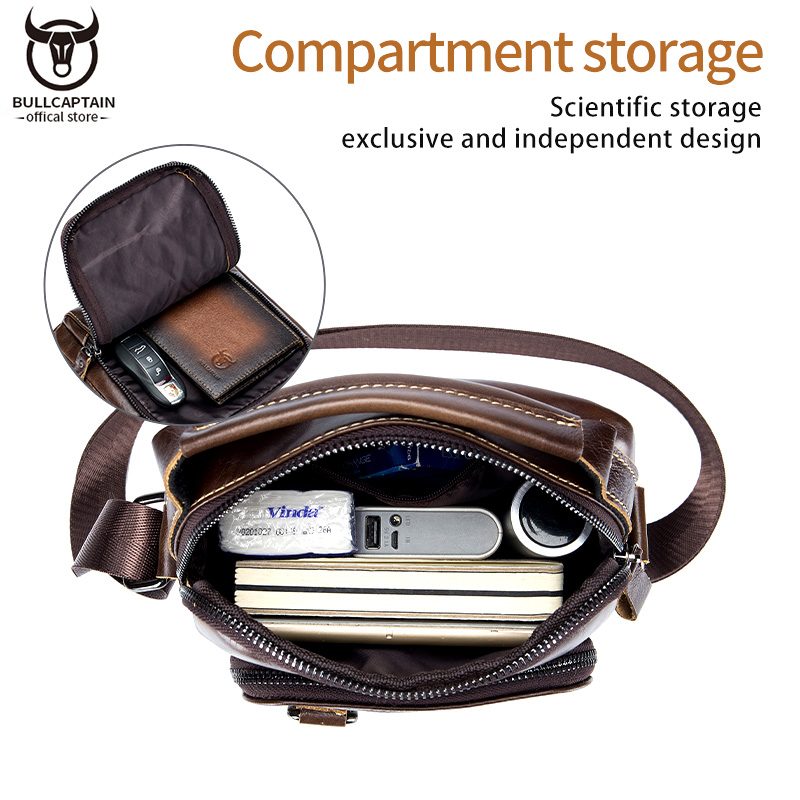 BULLCAPTAIN Leather Shoulder Messenger Bag Men's Classic Retro Multifunctional Double-Layer Storage Hanging Keychain Handbag