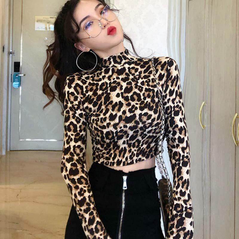 Fashion High Neck Leopard Print Fitted Pullovers Long Sleeve Tee Shirt Autumn Casual Women T-shirt Crop Top