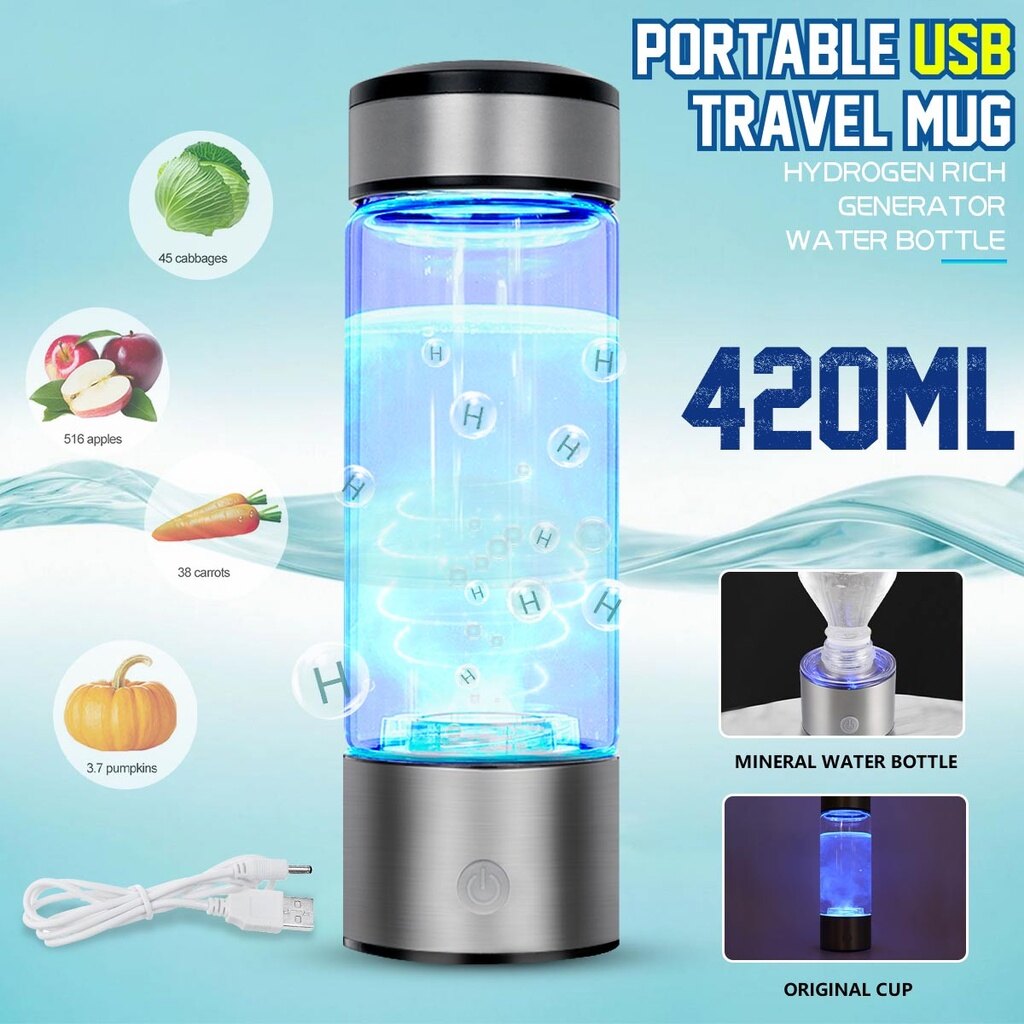 420ml 3mins Portable Hydrogen-Rich Water Cup Ionizer Maker/Generator Rechargeable Super Antioxidants ORP Hydrogen Bottle