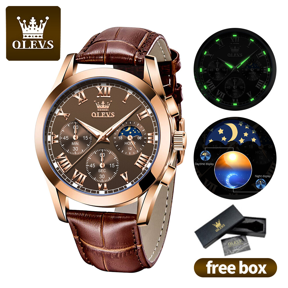 OLEVS Đồng Hồ Sang Trọng Cho Nam Giảm Giá Chính Hãng, Không Thấm Nước Đồng Hồ Thạch Anh Da Đa Năng Phong Trào Nhật Bản, Màn Hình Phát Sáng Màu Nâu