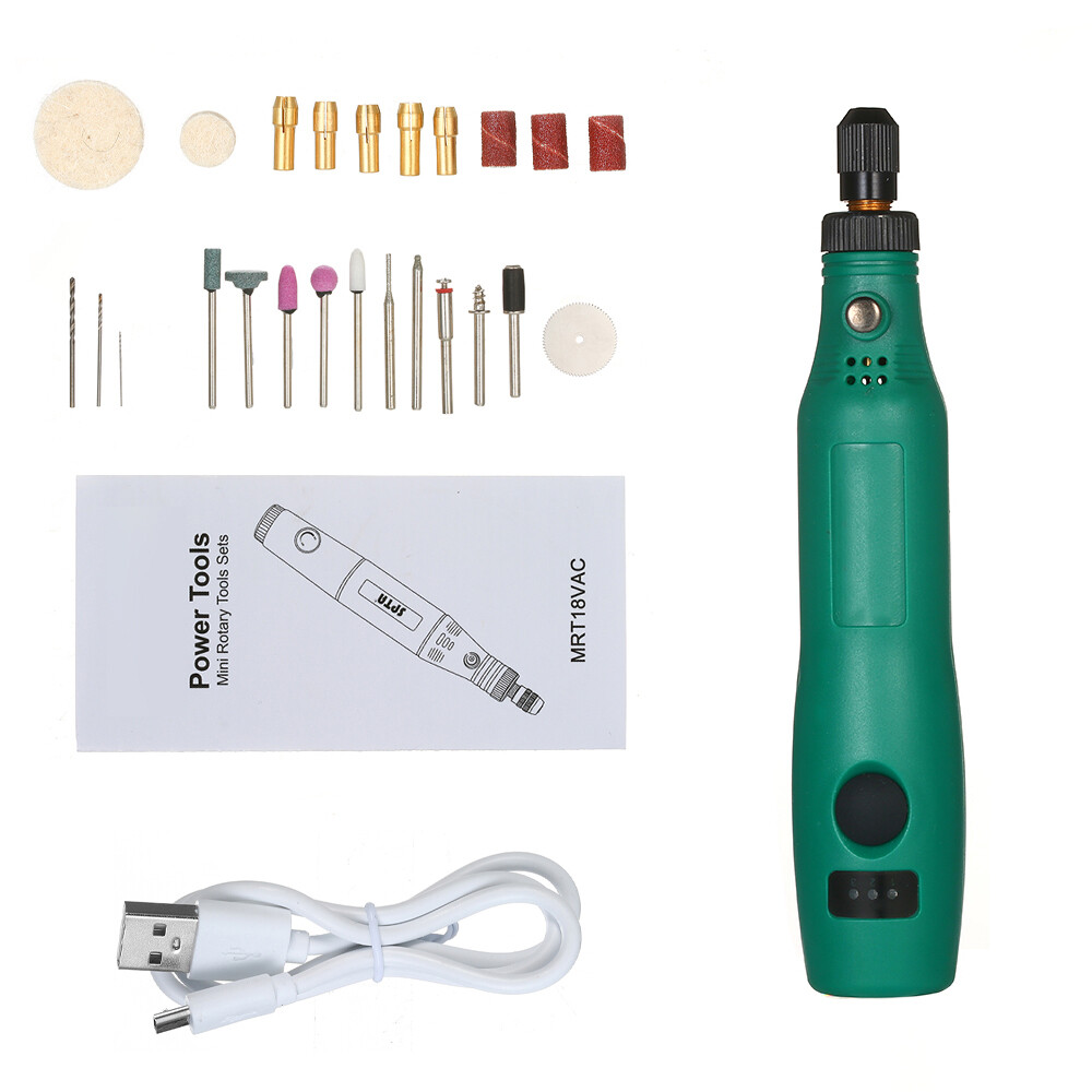 [Original] KKmoon 3.7V 1.2W Mini Electric Grinder Set Cordless Mini Handle Small Size Grinding Machine Carving Engraving Pen Trimming Milling Polishing Micro Household Grinder Drilling Cutting Engraving Tool Kit / Green
