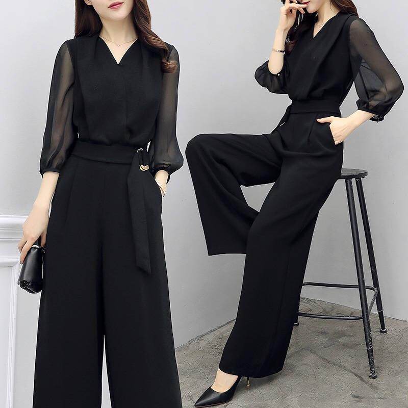 Spring and summer new high waist chiffon jumpsuit black 3/4 sleeve wide leg jumpsuit set