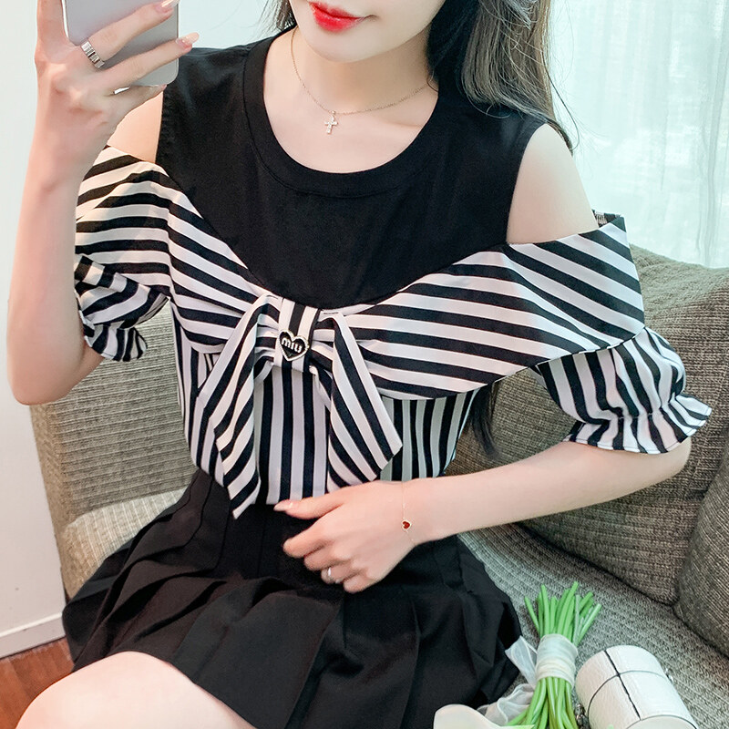 2023 summer new bow tie off shoulder short sleeve top