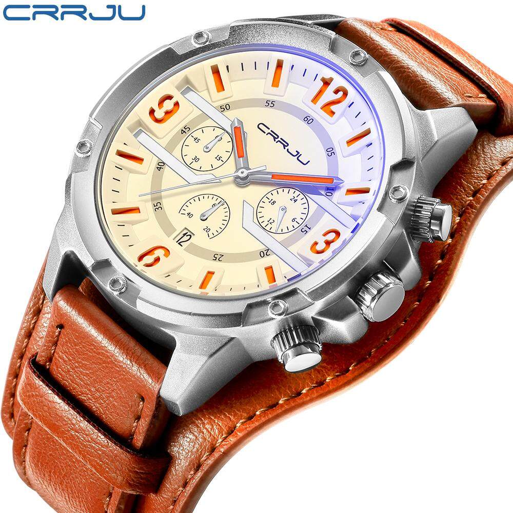 Baru Crrju Top Merek Mewah Jam Tangan Khronograf Pria Fashion Sport Militer Tali Kulit Jam Tangan Bisnis QUARTZ Pria 24 Jam dan Tanggal Tampilan Arloji Kado Sempurna untuk Pria