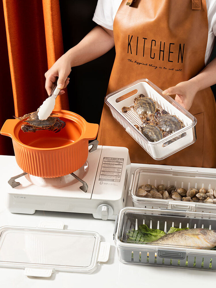 XINLANYASHE refrigerator storage box Fresh storage box, available in 2 sizes, food storage box refrigerator food storage There is a plastic grid plate. sealed box translucent refrigerator preservation set Rectangular PET food box