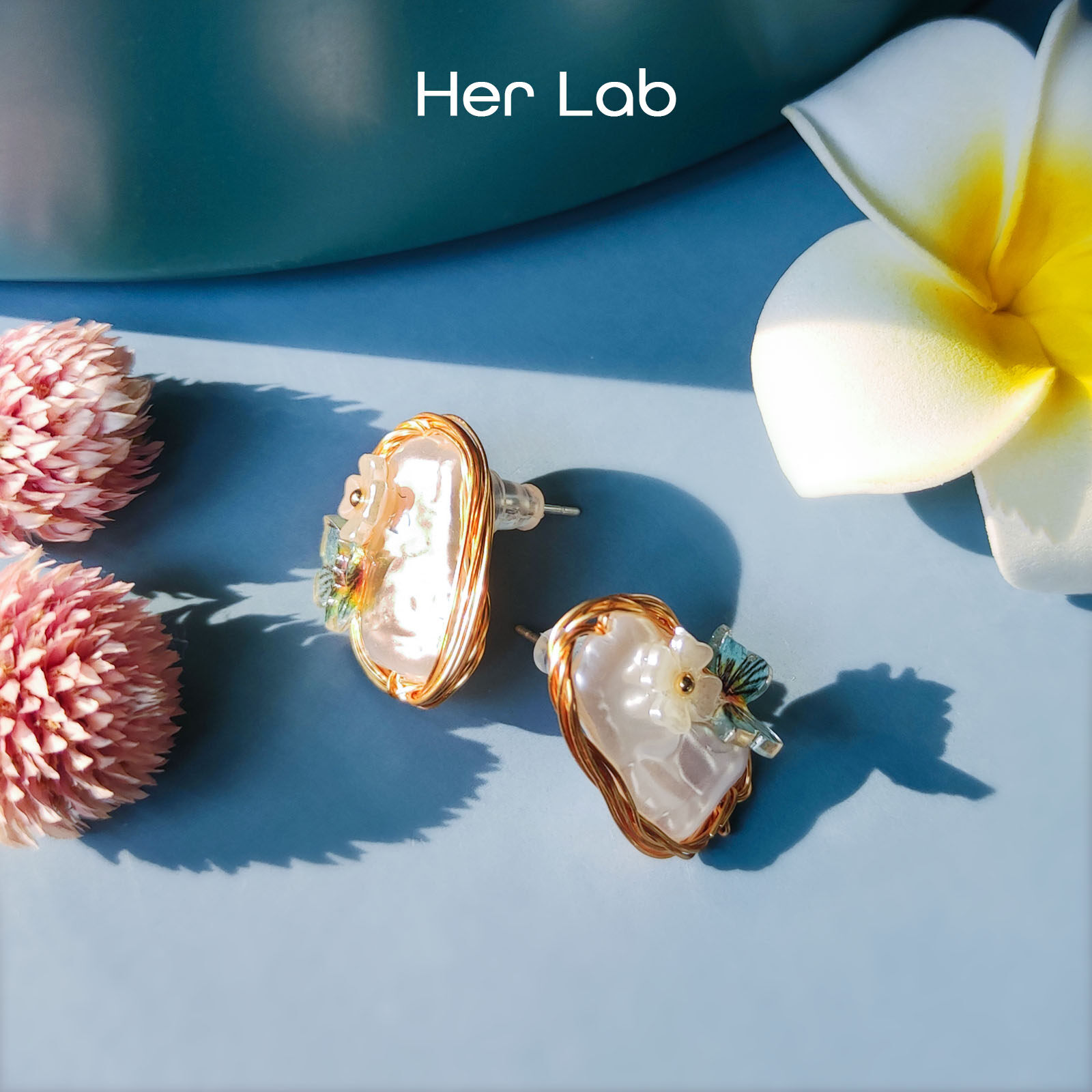 Her Lab Jewelry ผีเสื้อต่างหูสตั๊ดสำหรับผู้หญิง14พันชุบทอง