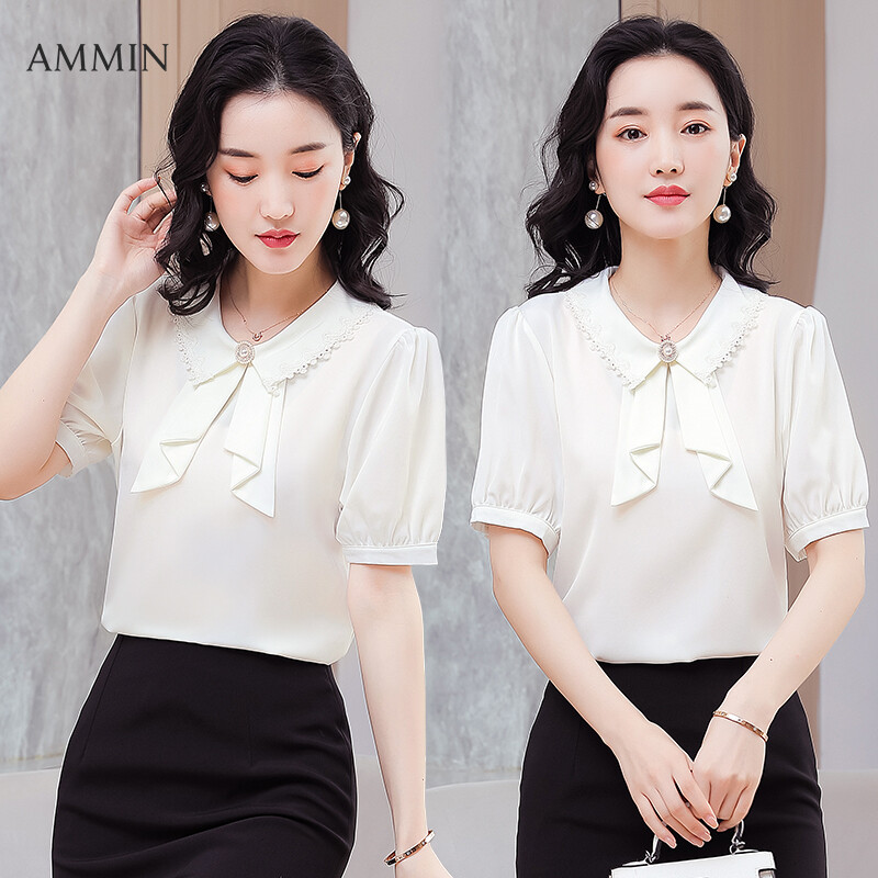 Ammin Tops 2021ฤดูร้อนสไตล์ใหม่ลูกไม้ฝรั่งเศสเย็บหูกระต่ายพัฟแขนหวานออกแบบเสื้อผู้หญิงประดับ 9749