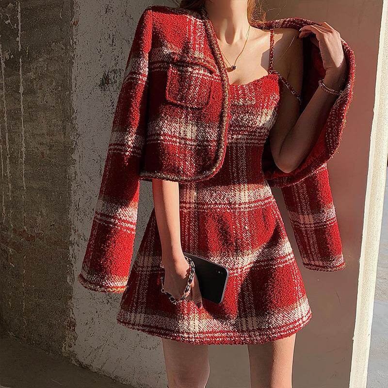 2022 Autumn and Winter New Sexy Red Suspender Dress Thickened Short Coat Two-piece Women's Clothing Suit for Female