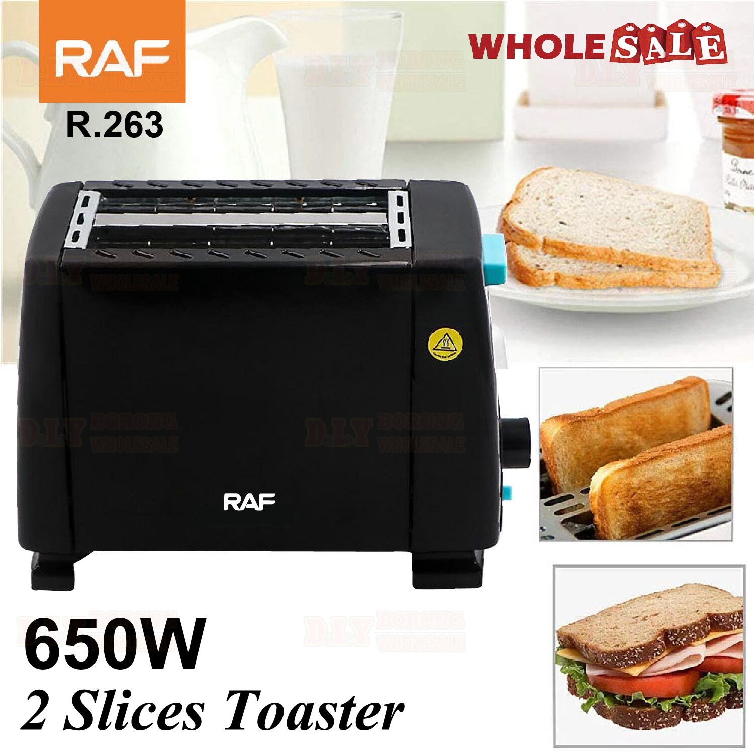 RAF 2 Slice Toaster 650W Breakfast Bread Pop Up Toaster Grill with Adjustable Browning Level