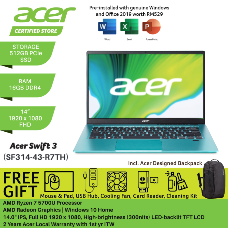 Acer Swift 3 SF314-43-R7TH 14 FHD Laptop Electric Blue ( Ryzen 7 5700U, 16GB, 512GB SSD, ATI, W10, HS ) Malaysia