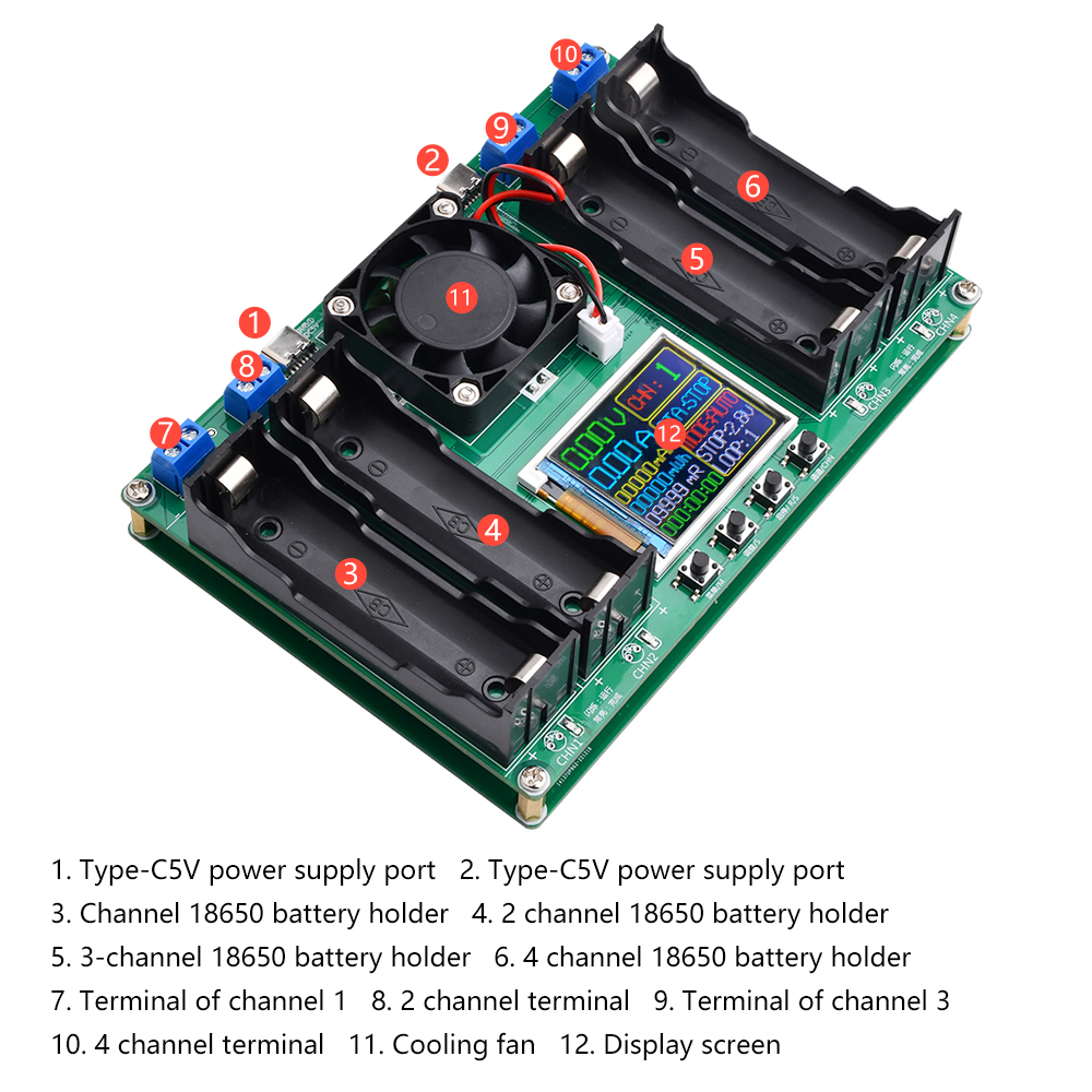 KKmol Single Channel/4 Channel 18650 Dung lượng pin Đầu dò điện trở trong Bộ sạc và xả tự động Loại cổng c Đo sạc và xả 1~9 chu kỳ Điều chỉnh sạc và xả