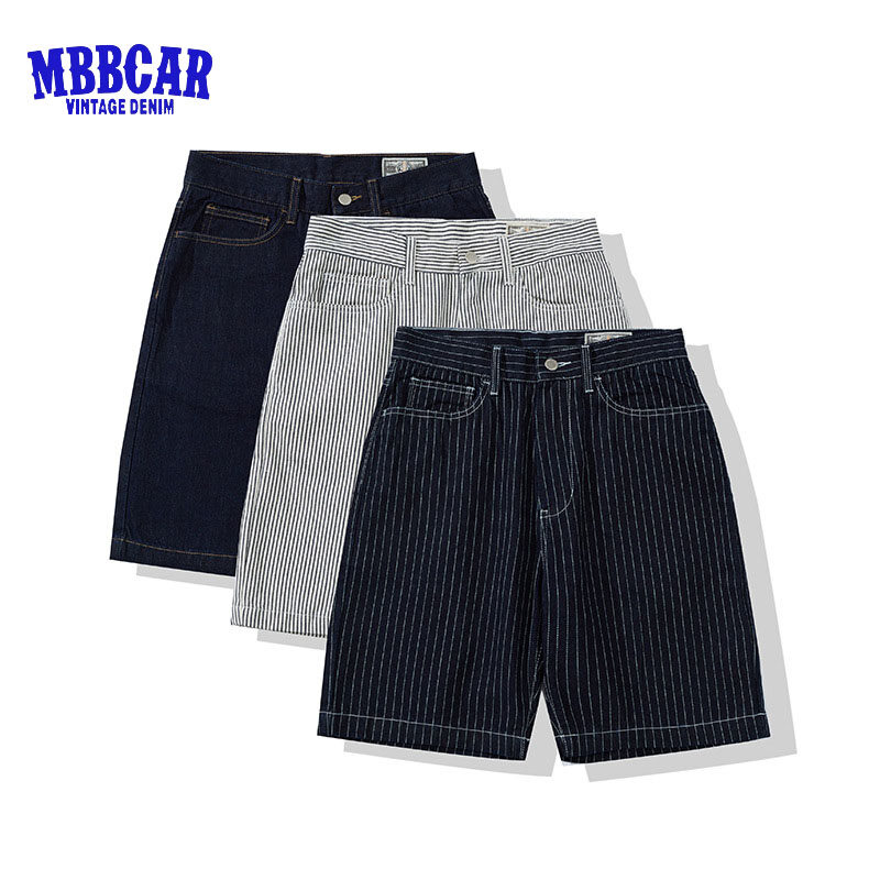 MBBCAR brand 2024 summer new men youth popular railway striped boy Ami Khaji five-point mid-waist casual denim overalls
