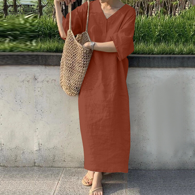 ZANZEA Đầm Dài Cotton Màu Trơn Cổ Chữ V Tay 3/4 Đơn Giản Cho Nữ Áo Kaftan Đầm Xòe Rộng #8