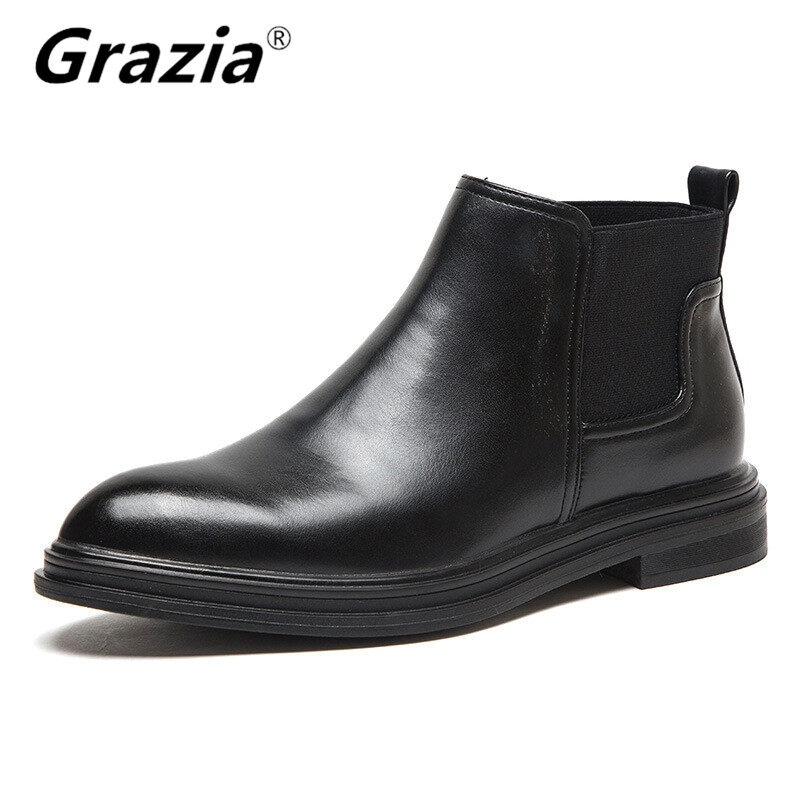 GRAZIA Spring/Autumn Men Chelsea Boots British Style Fashion Ankle Boots Black/Brown Soft Leather Casual Shoes Size 38-48