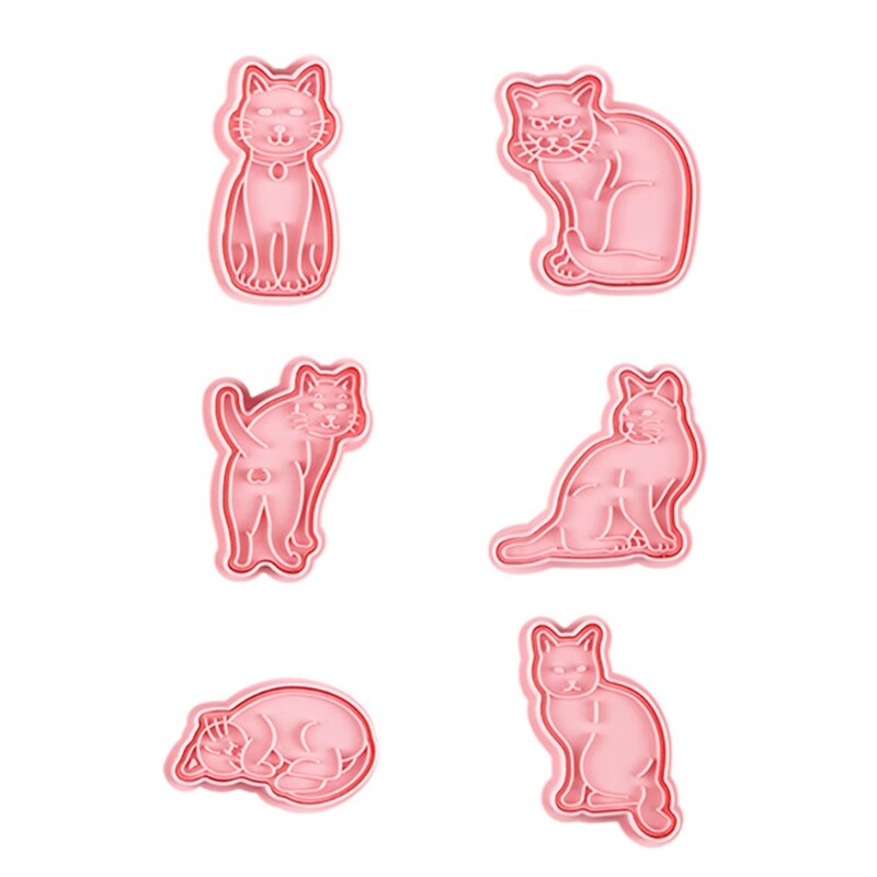 6Pcs Cute Cat Cookie Cutters Fondant Cutters Plunger Cookie Stamps Cake Tool