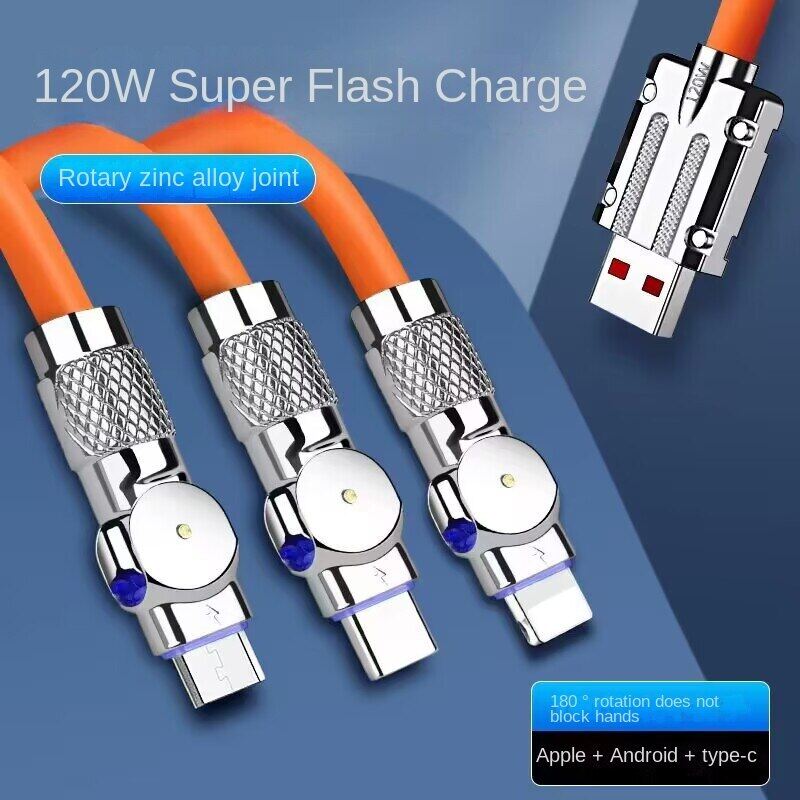 120w 3 in 1 super fast charging cable micro usb type c gaming180° rotating data cable for huawei smart phone silicone cable 1.2m