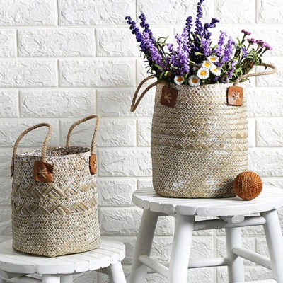 Seagrass Woven Storage Baskets Garden Flower Vase Hanging Basket Rattan Planter Potted Organizer Home Laundry Basket with Handle