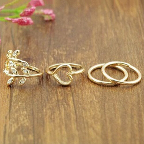 Gravitational wave 4Pcs/Set Rhinestone Leaf Heart Above Knuckle Midi Stack Ring Boho Party Jewelry