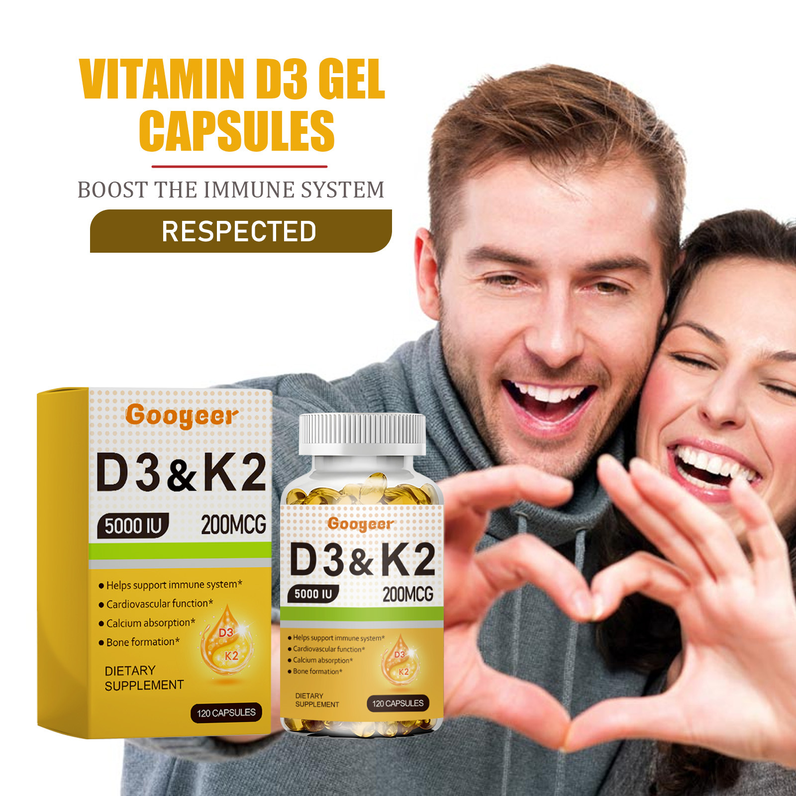 Viên nang gel vitamin d3 tăng cường hệ thống miễn dịch bổ sung chất dinh dưỡng giúp hấp thụ canxi tăng trưởng xương làm cho cơ thể bạn khỏe mạnh hơn cải thiện hệ thống miễn dịch chức năng tim mạch phục hồi sức sống tổng thể trở nên mạnh mẽ hơn (120 viên n