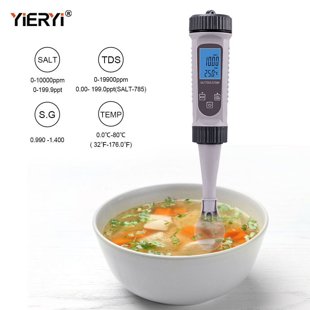Yieryi salinity meter food ph/salt/tds/ec/s.g/temp meter digital salinometer ph meter halometer for soup, food, cooking,kitchen