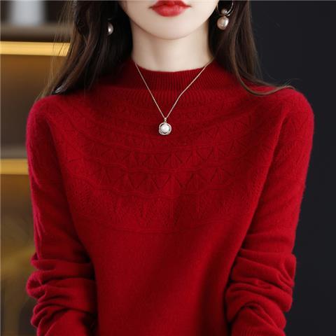 Hollow Out Solid Color Knitted Sweater Women's Half High Collar Loose Pullover Long Sleeved Sweater Korean Version Versatile Short Style Knitted Sweater Worn Inside and Outside