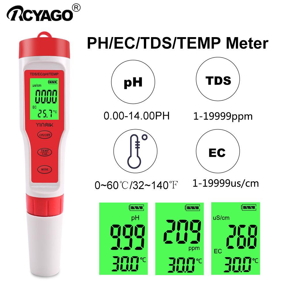 RCYAGO Máy kiểm tra chất lượng nước 4 trong 1 TDS/EC/pH/nhiệt độ-đồng hồ đo kỹ thuật số cho nuôi trồng thủy sản, bể bơi, nước uống