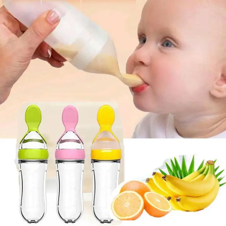 Newborn Baby Squeezing Feeding Bottle Silicone Training Rice Spoon