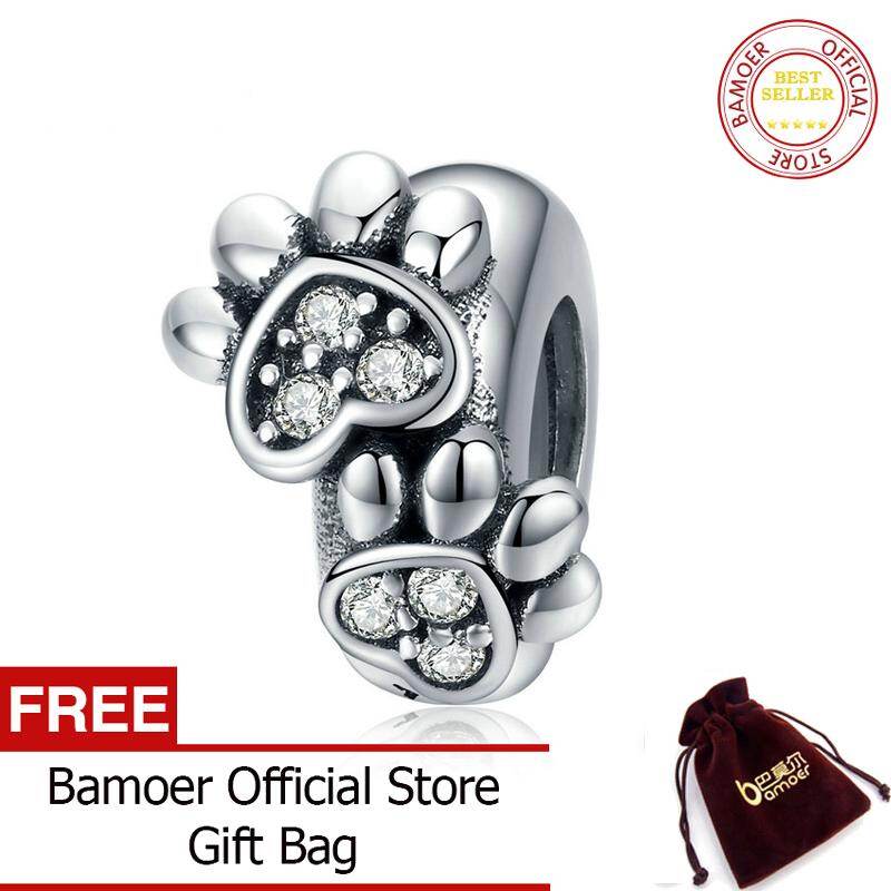 BAMOER Pet's Footprint Stopper Charm for Women Original Silver 925 Bracelet DIY Jewelry Making Charms with Silicone SCC1312