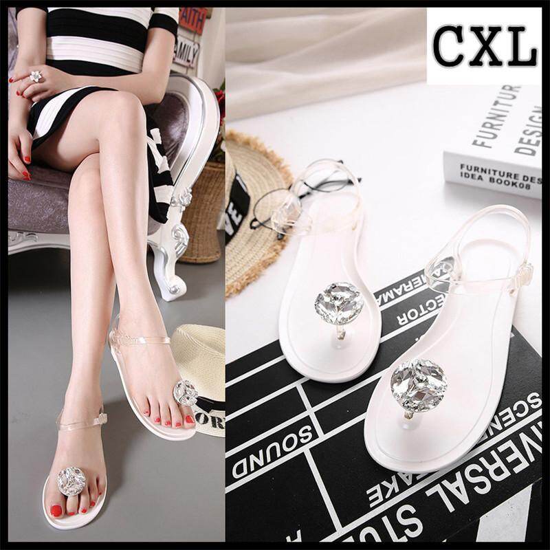 CXL Brand Roman Bohemian Style Summer Beach Jelly Flat Sandals Toe Clip Pearl Inlay Shoes For Women (35-40 size)